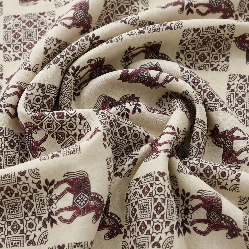 Swirled Beige Printed Cotton Fabric Showing Drape