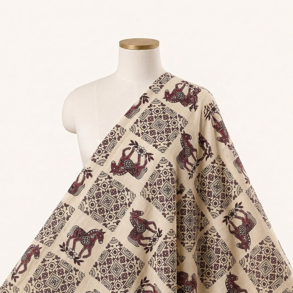 Beige Printed Cotton Fabric Draped as a saree
