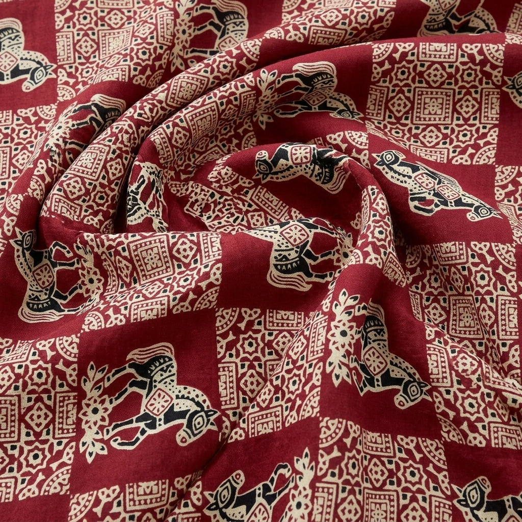 Swirled Maroon Printed Cotton Fabric Showing Drape