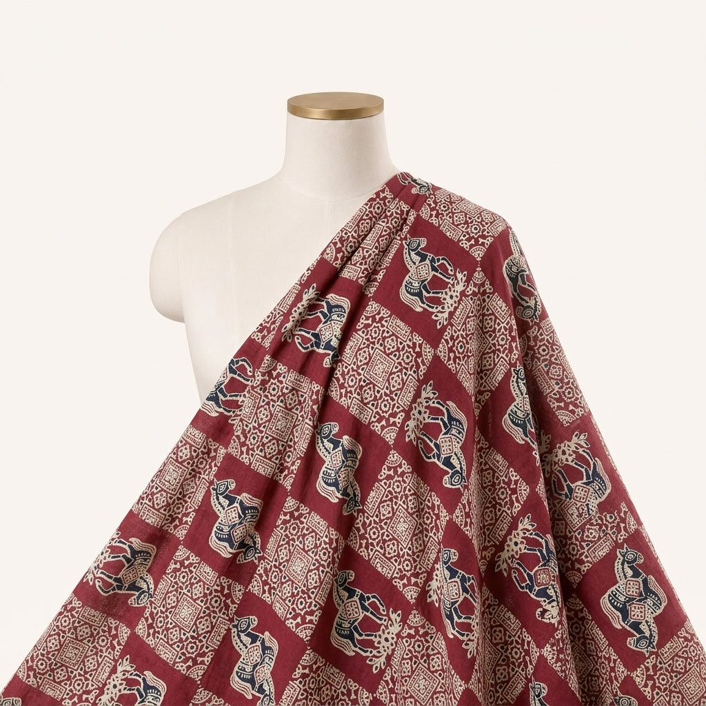 Maroon Printed Cotton Fabric Draped as a saree
