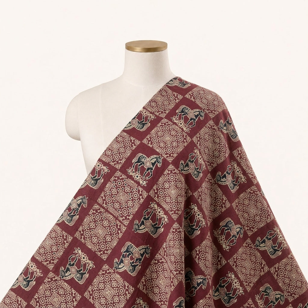 Maroon Printed Cotton Fabric Draped as a saree