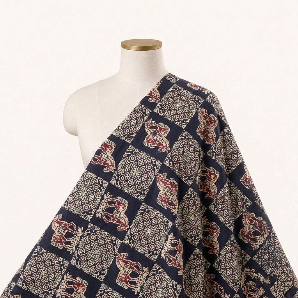 Black Printed Cotton Fabric Draped as a saree