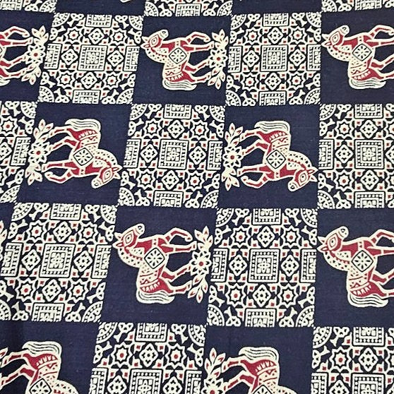 Navy Blue Printed Cotton Fabric, laid flat