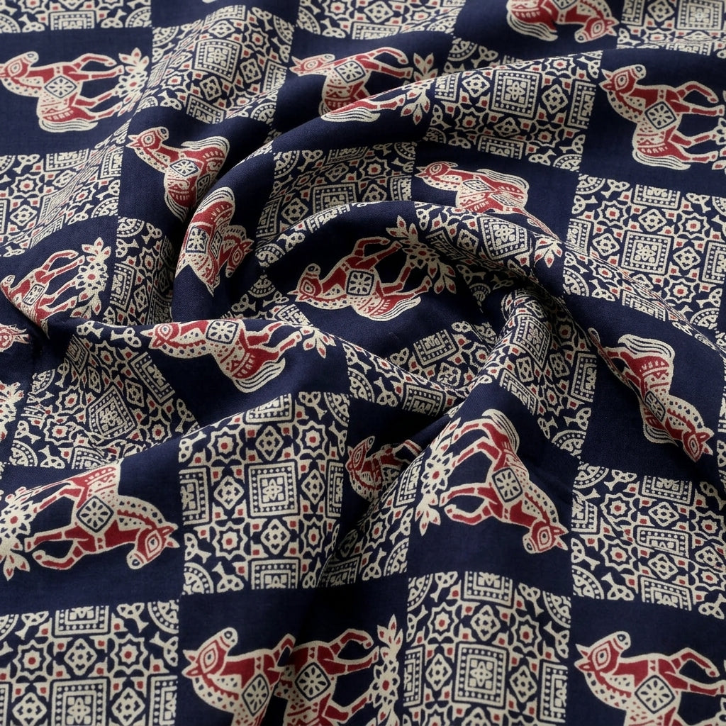 Swirled Navy Blue Printed Cotton Fabric Showing Drape