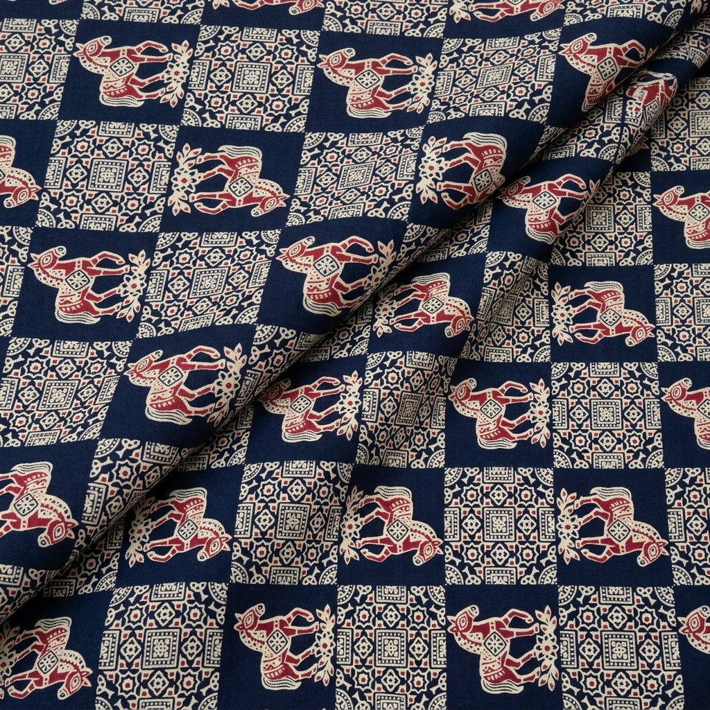 Folded Navy Blue Printed Cotton Fabric