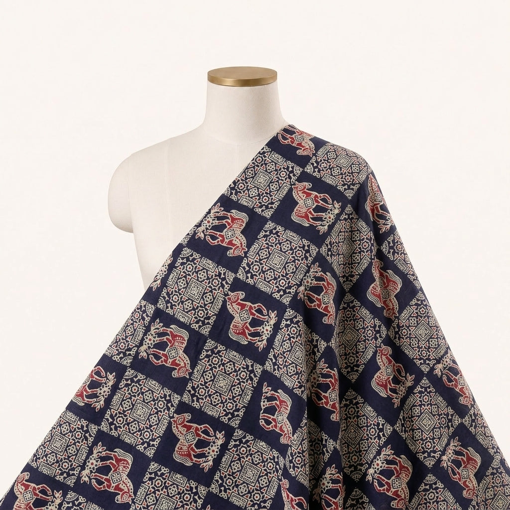 Navy Blue Printed Cotton Fabric Draped as a saree