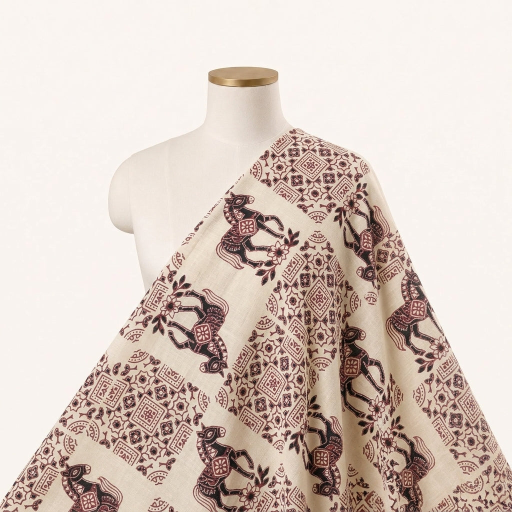 Beige Printed Cotton Fabric Draped as a saree