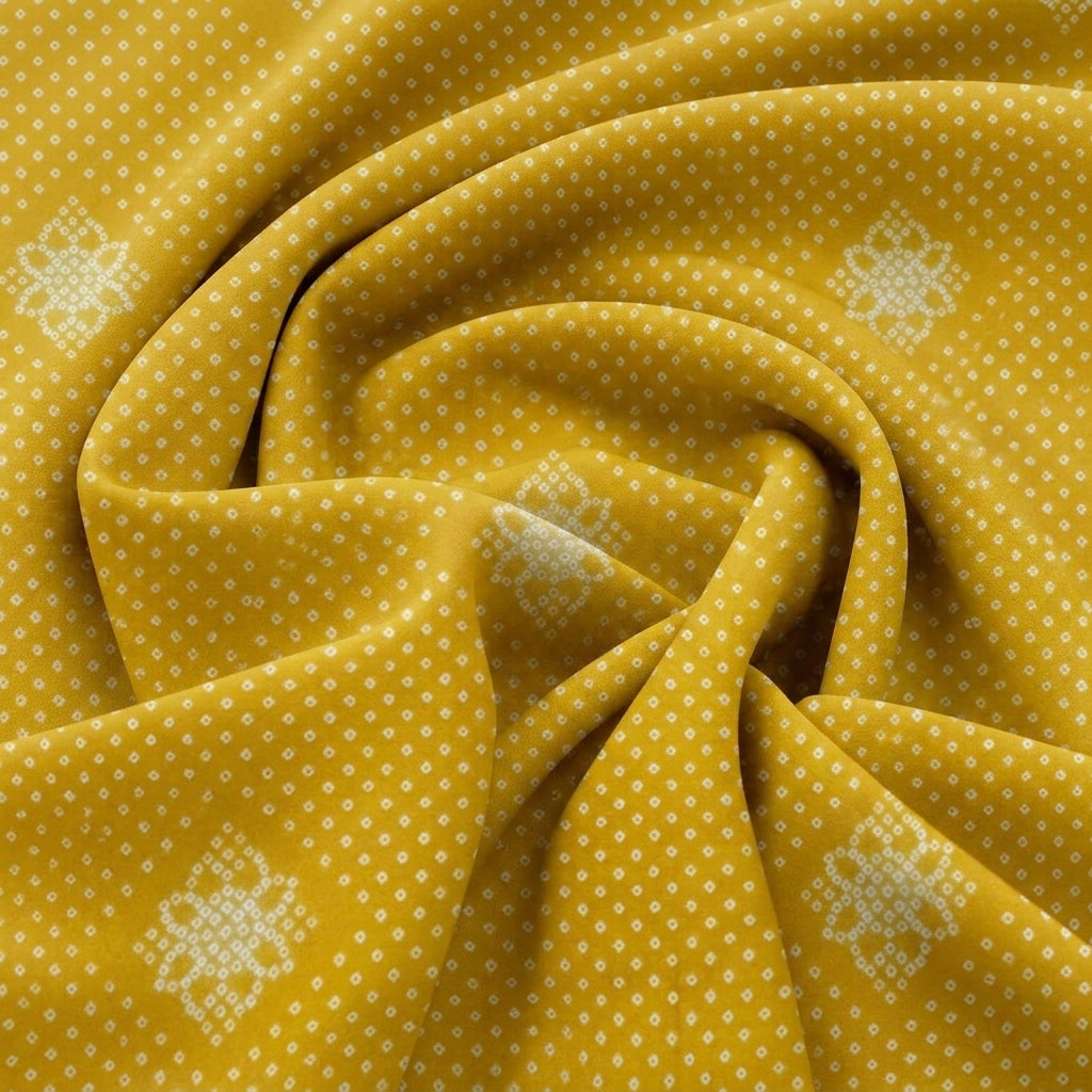 Swirled Mustard Yellow Printed Cotton Fabric Showing Drape