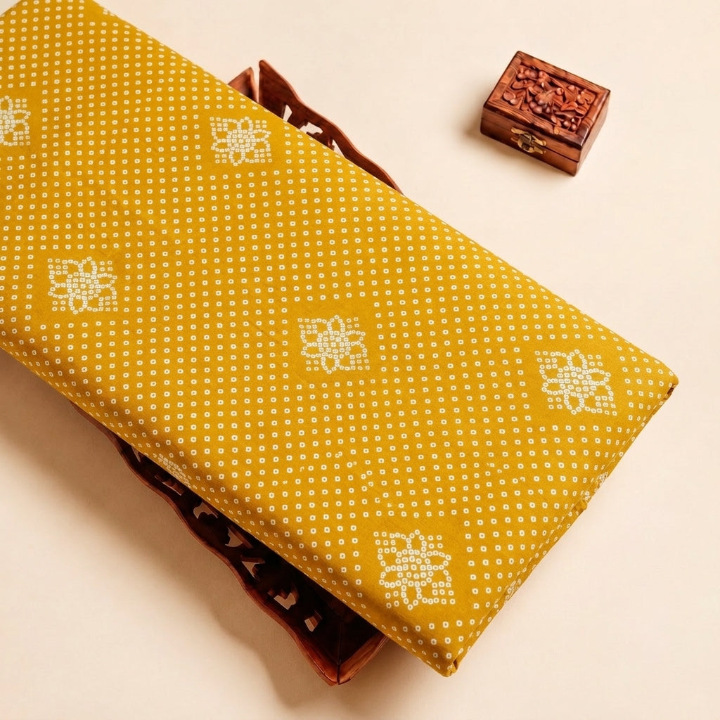 Mustard Yellow Printed Cotton Fabric, folded