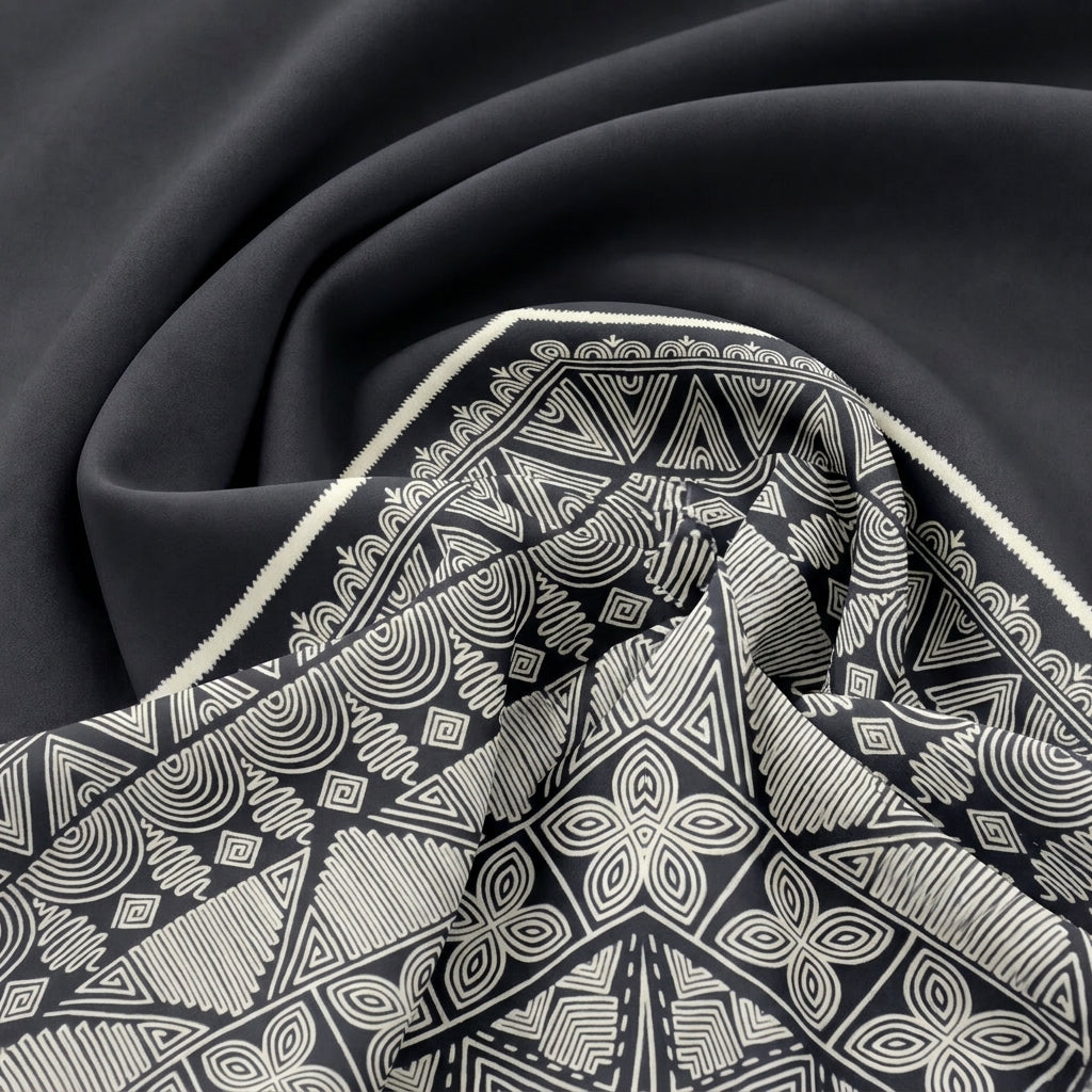 Swirled Black Printed Cotton Fabric Showing Border and Drape