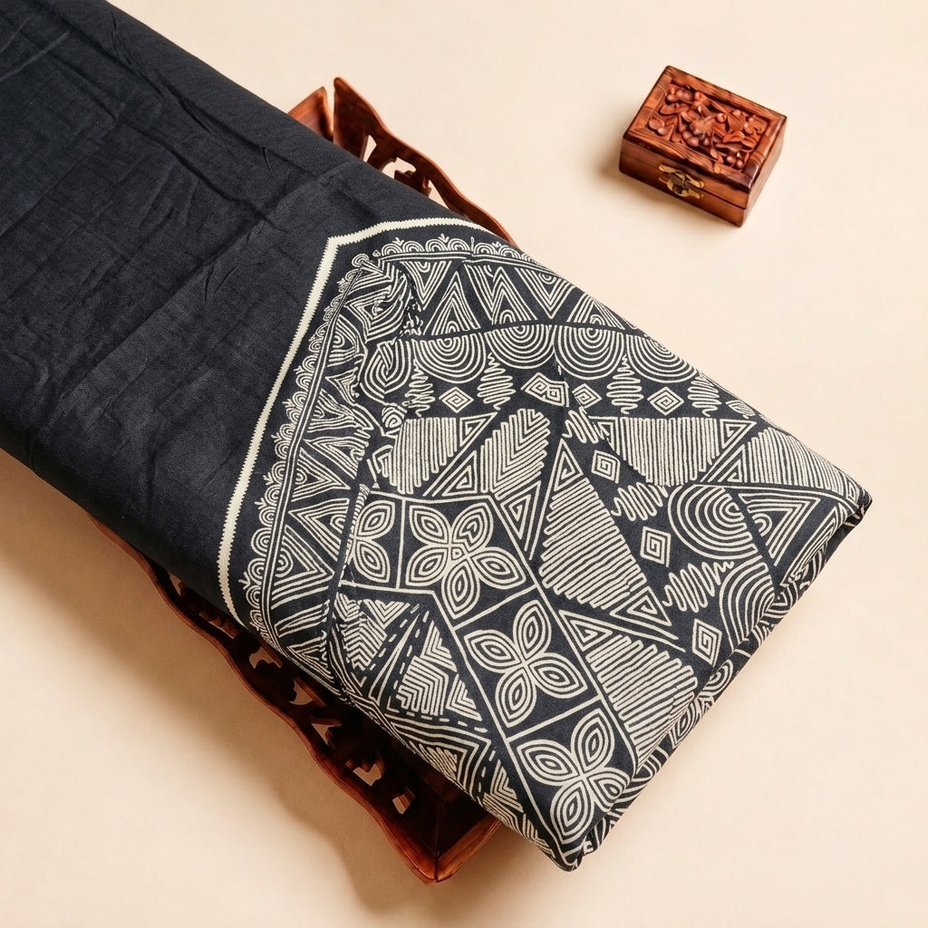 Black Printed Cotton Fabric, folded