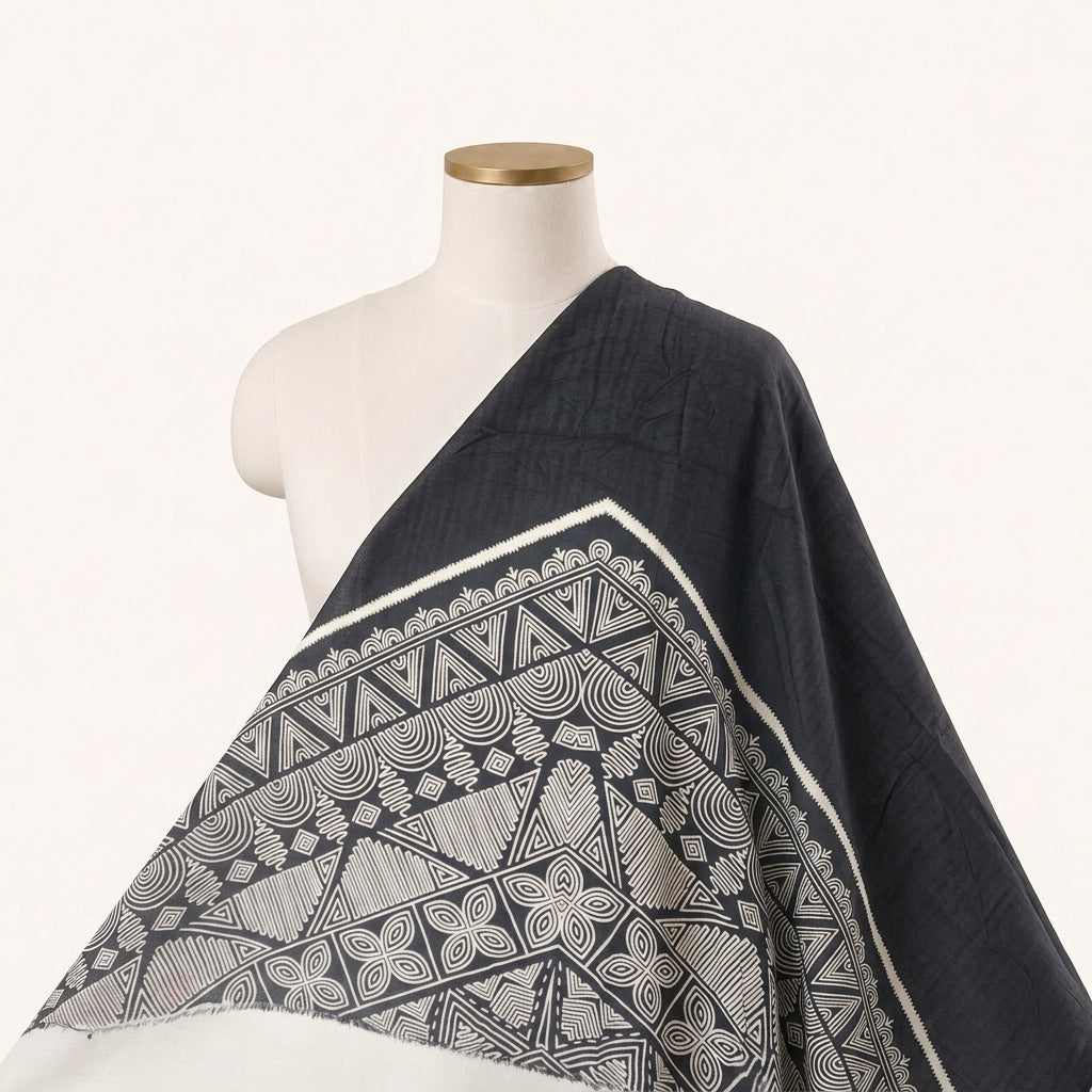 Black Printed Cotton Fabric, draped as a saree