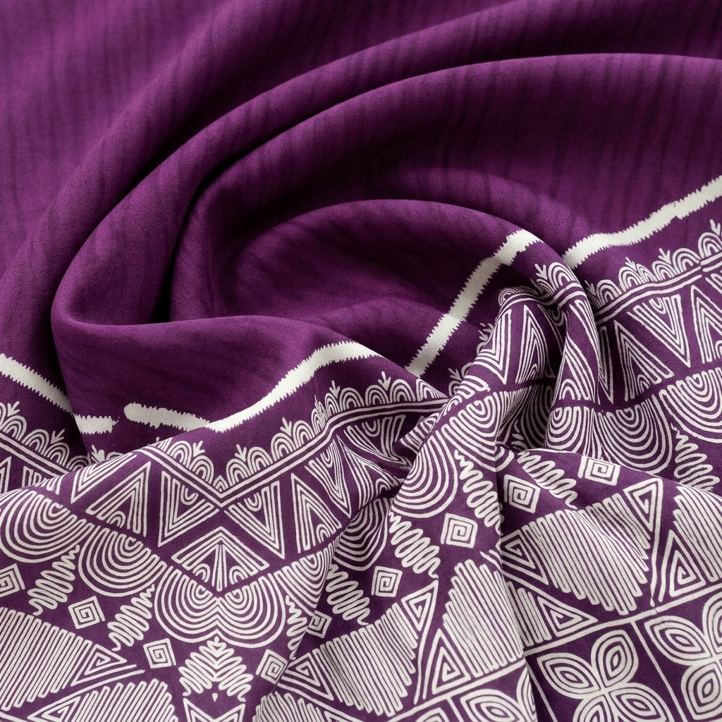 Swirled Purple Printed Cotton Fabric Showing Border and Drape