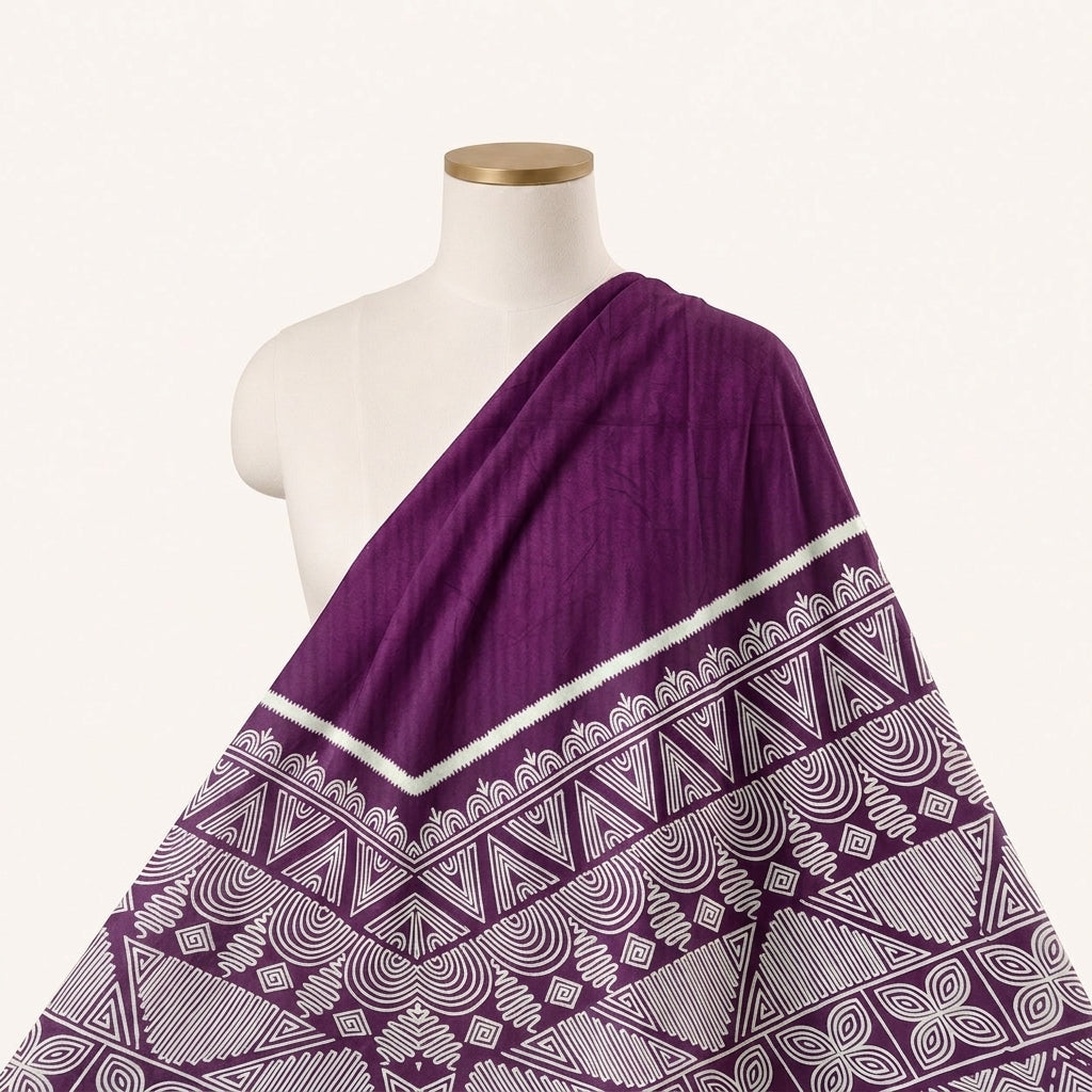 Purple Printed Cotton Fabric, draped as a saree