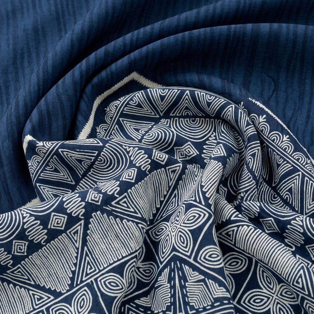 Swirled Blue Printed Cotton Fabric Showing Border and Drape