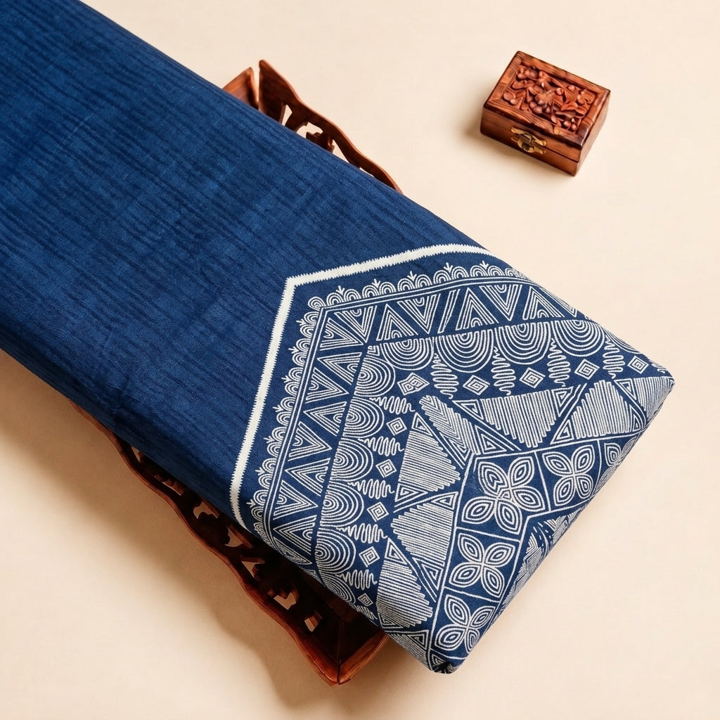 Blue Printed Cotton Fabric, folded