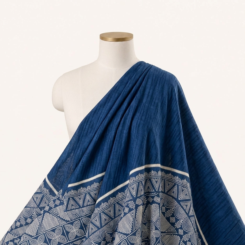 Blue Printed Cotton Fabric Draped as a saree