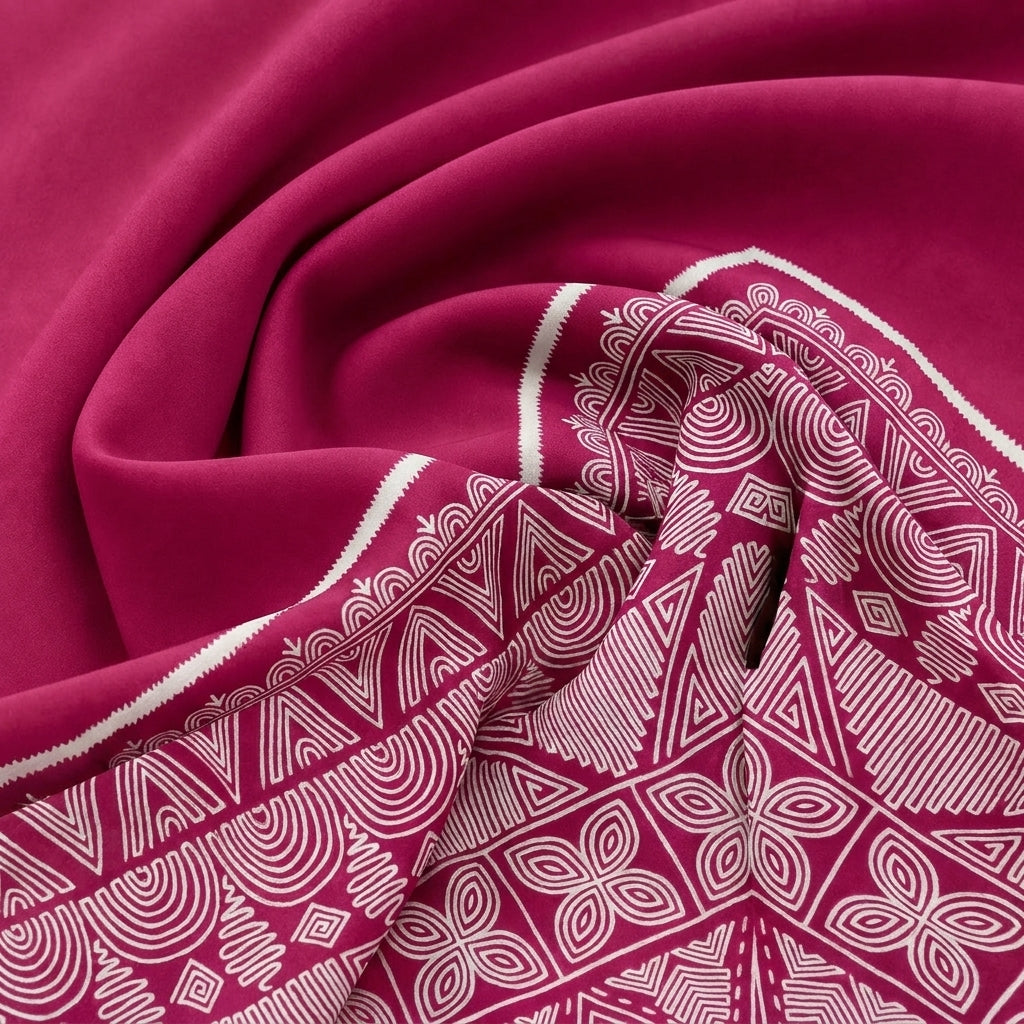 Swirled Pink Printed Cotton Fabric Showing Border and Drape