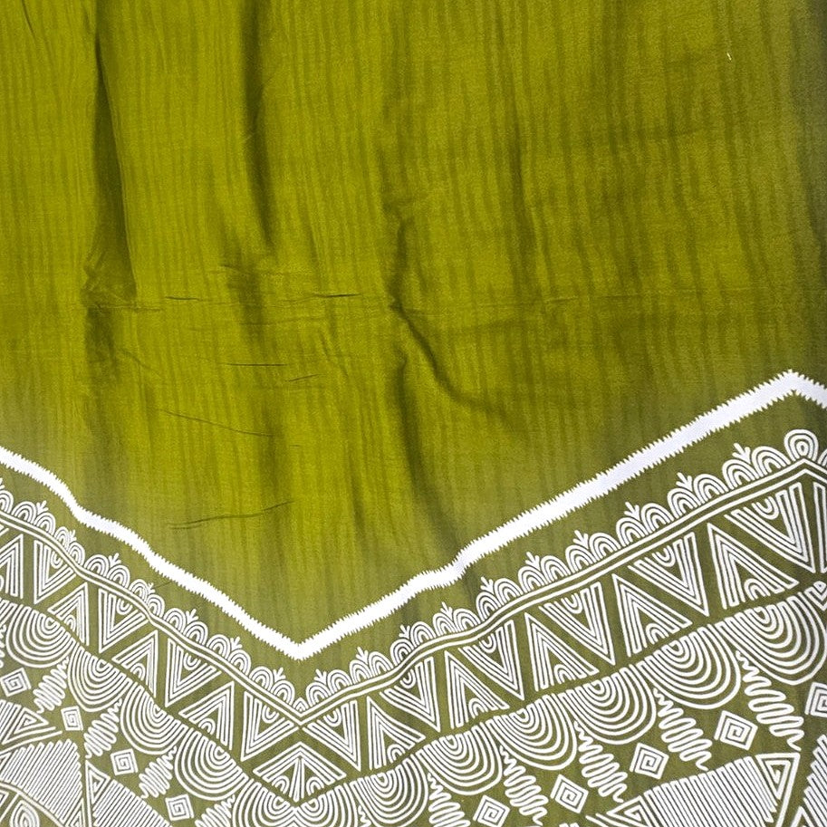 Olive Green Printed Cotton Fabric, laid flat