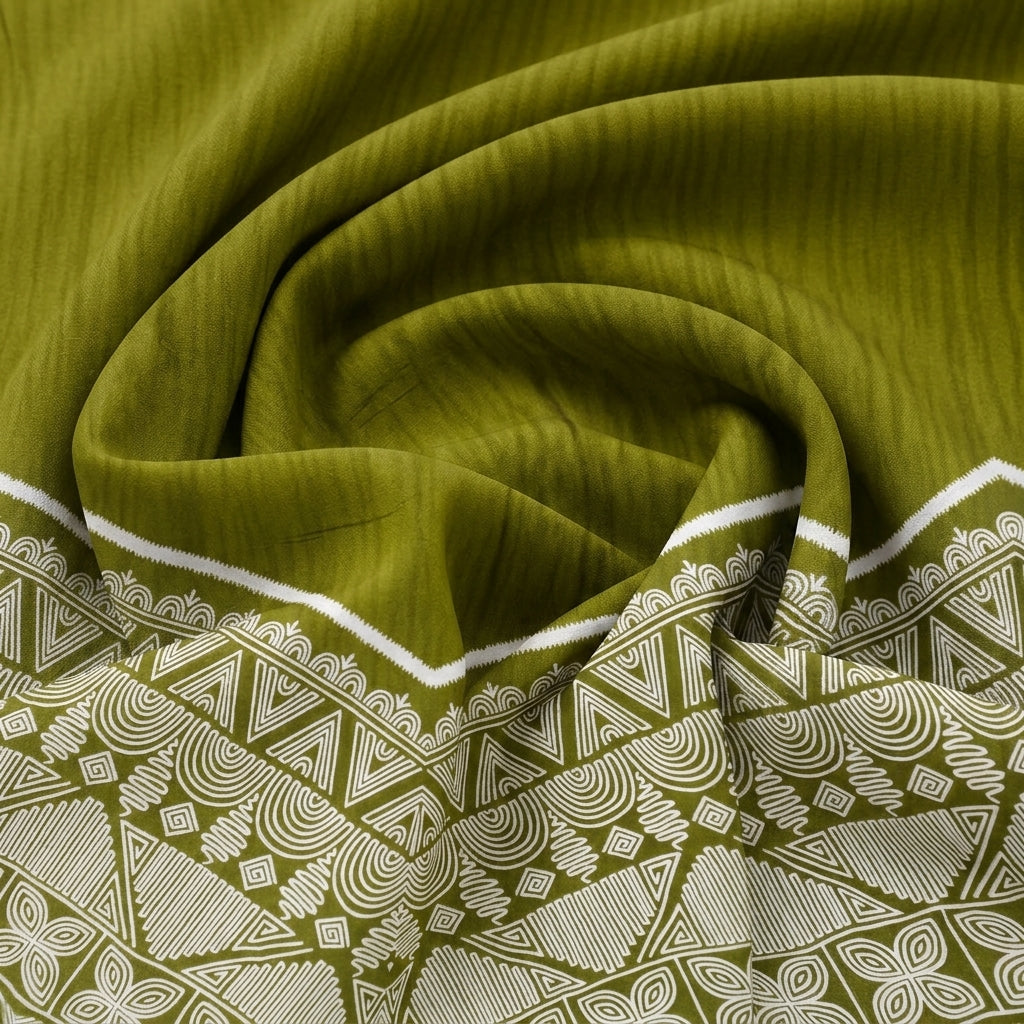Swirled Olive Green Printed Cotton Fabric Showing Border and Drape