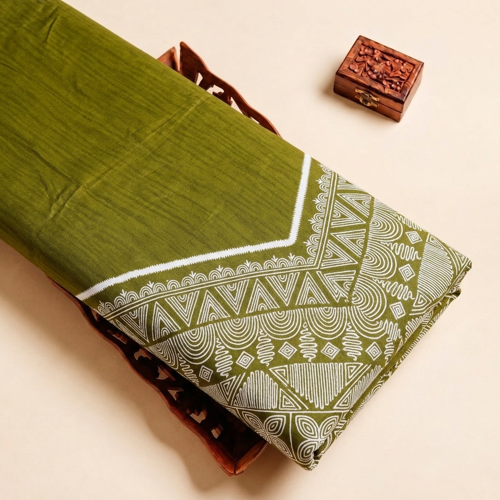 Olive Green Printed Cotton Fabric, folded