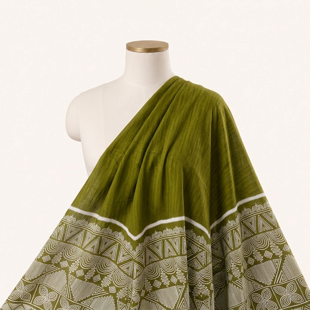 Olive Green Printed Cotton Fabric Draped as a saree