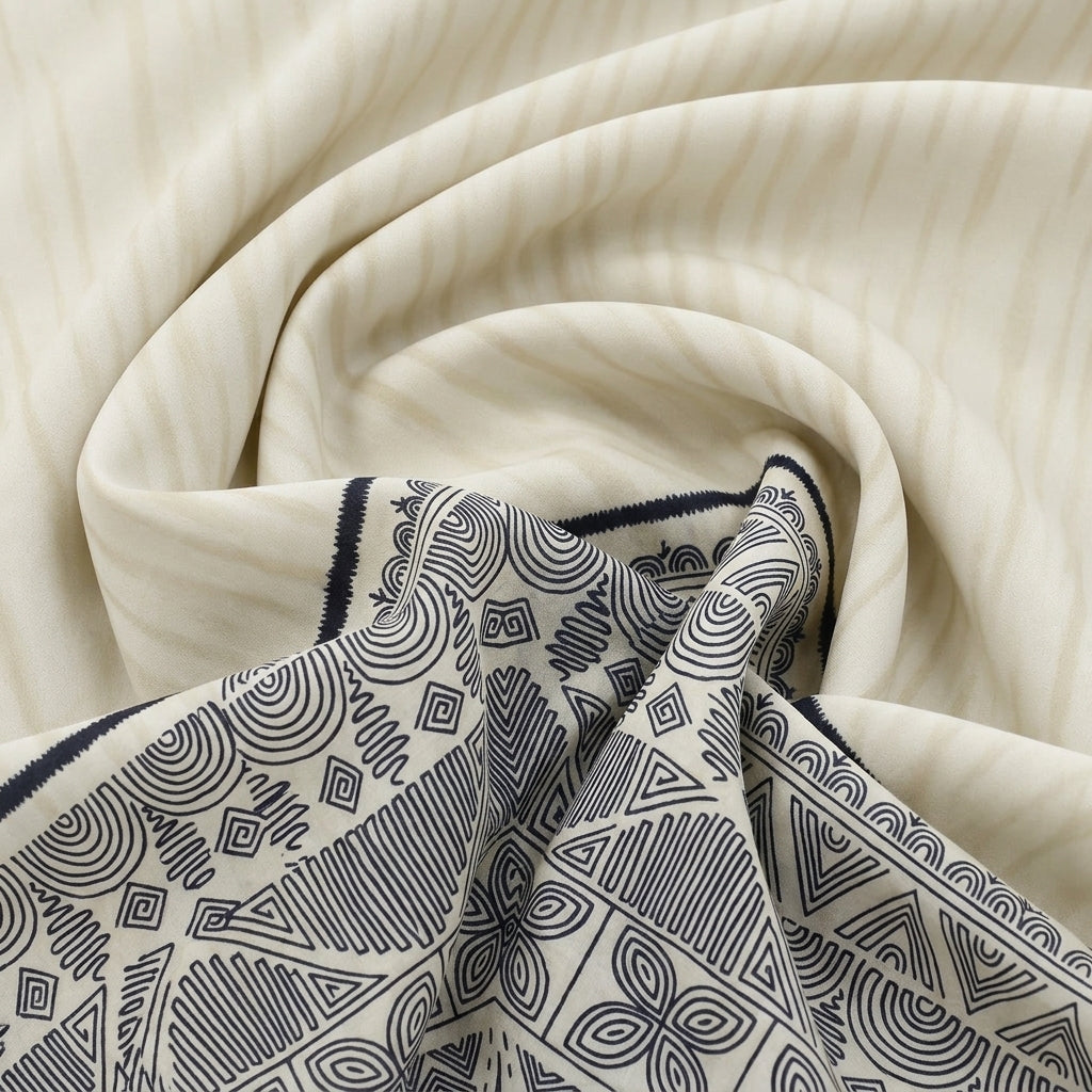 Swirled Cream Printed Cotton Fabric Showing Border and Drape