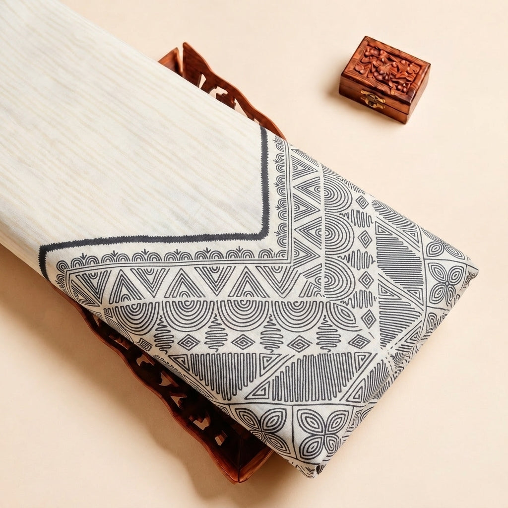 Cream Printed Cotton Fabric, folded