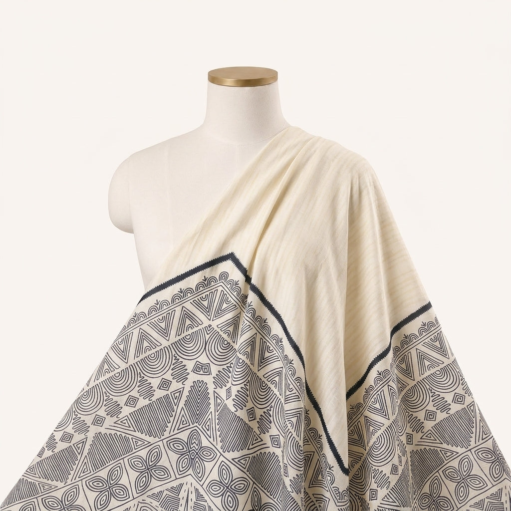 Cream Printed Cotton Fabric Draped as a saree