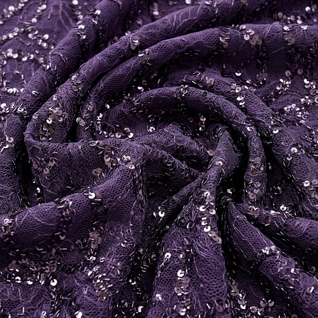 Swirled Purple Embroidery Net Fabric Showing Sequin and Drape