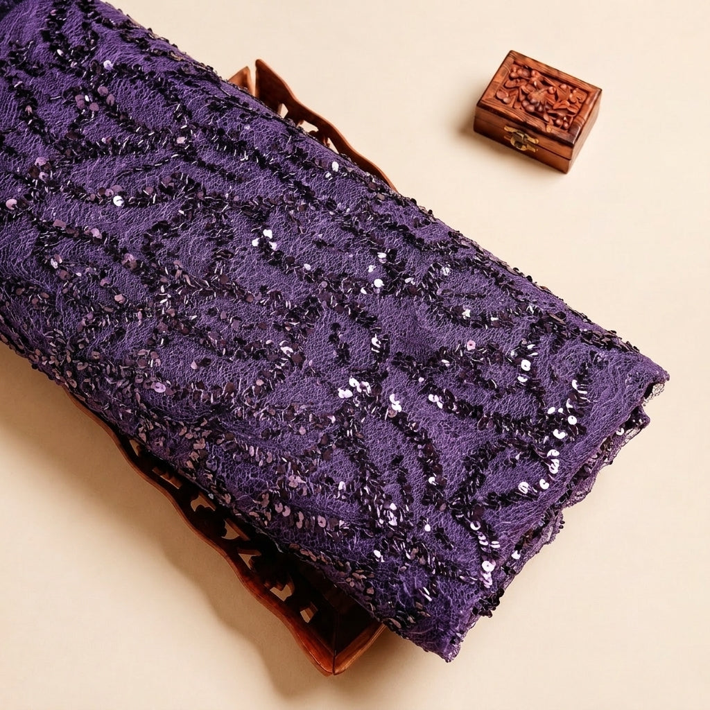 Purple Embroidery Net Fabric, folded