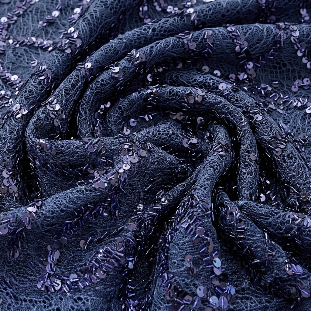 Swirled Blue Embroidery Net Fabric Showing Sequins and Drape