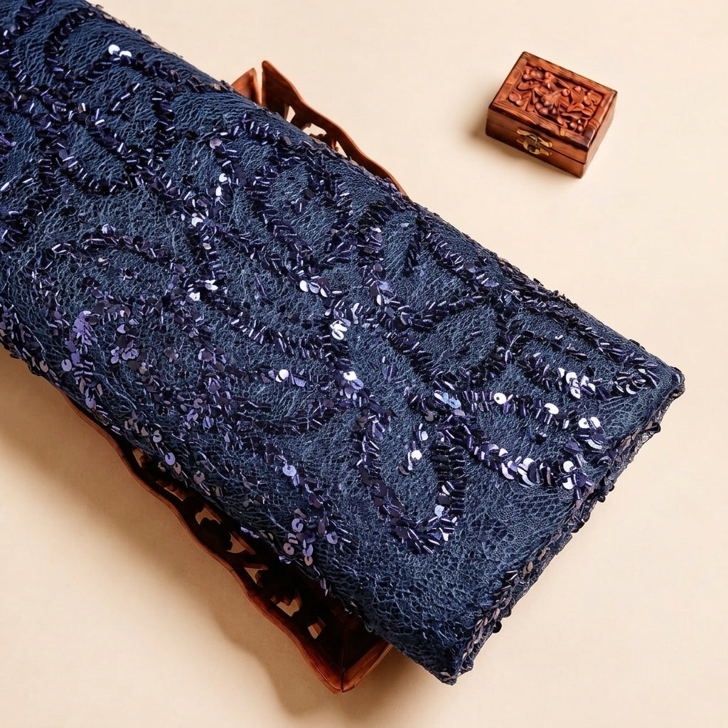 Blue Embroidery Net Fabric, folded