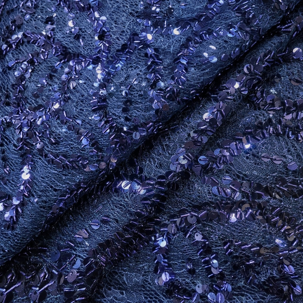 Folded Blue Embroidery Net Fabric
