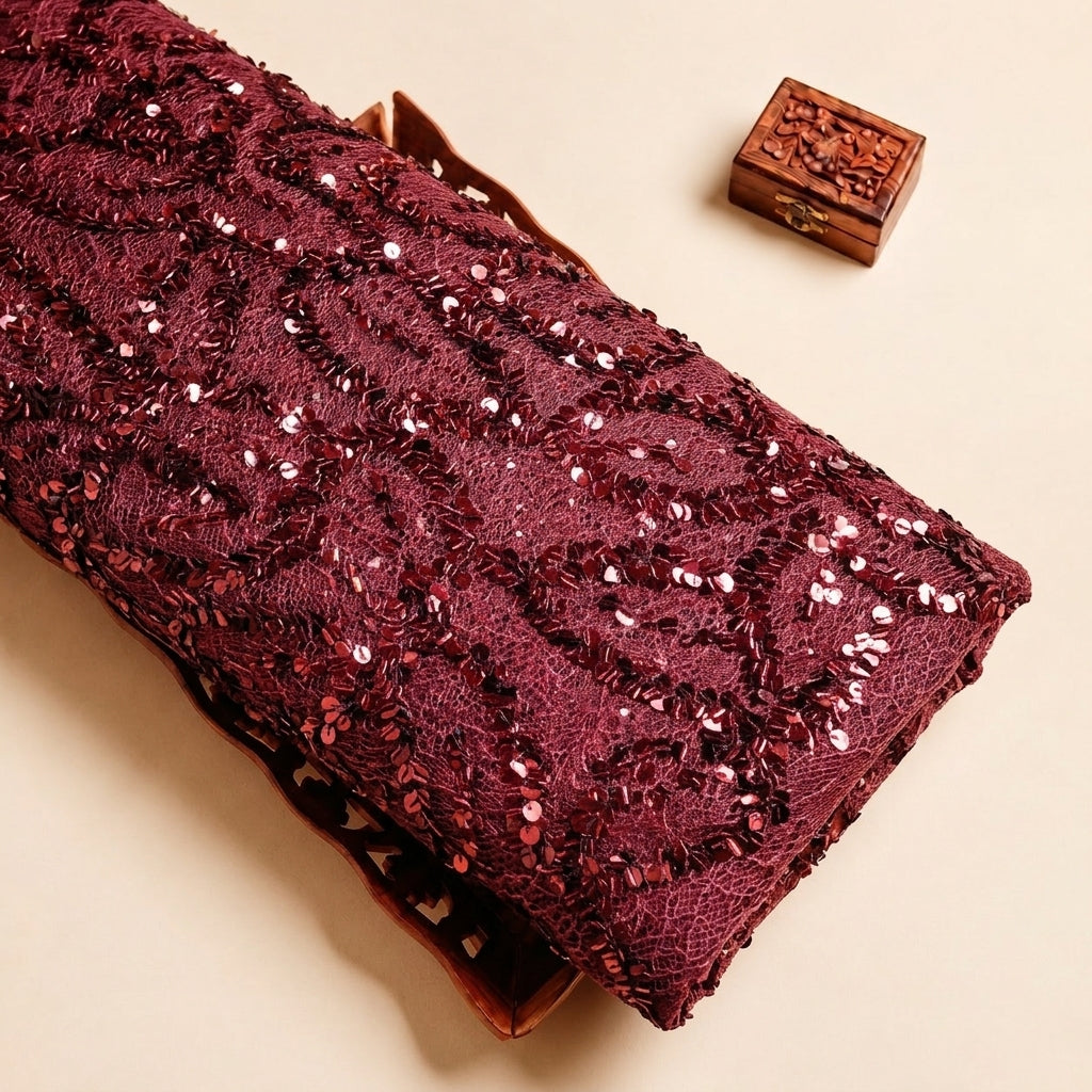 Wine Embroidery Net Fabric, folded