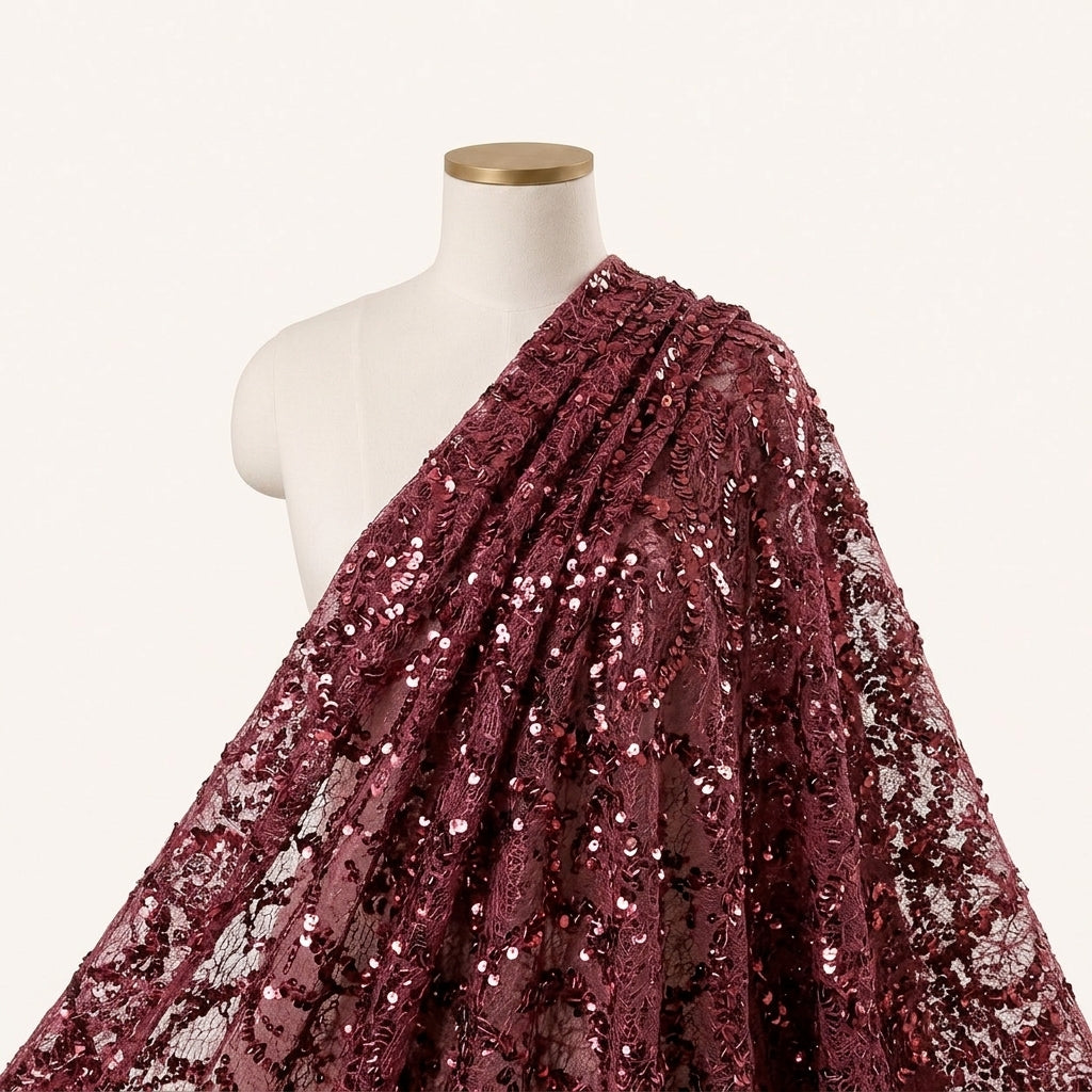 Wine Embroidery Net Fabric Draped as a saree