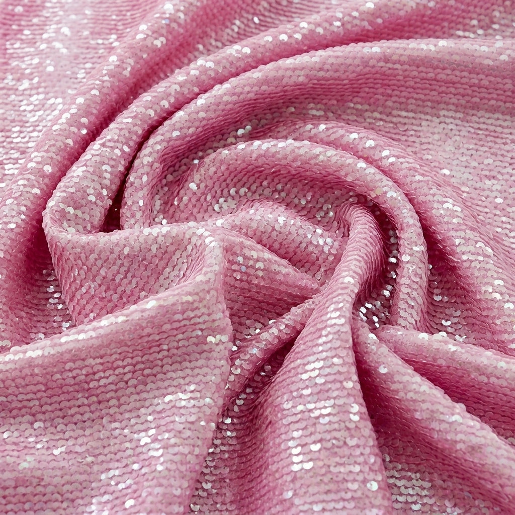 Swirled Pink Embroidery Net Fabric Showing Sequins and Drape