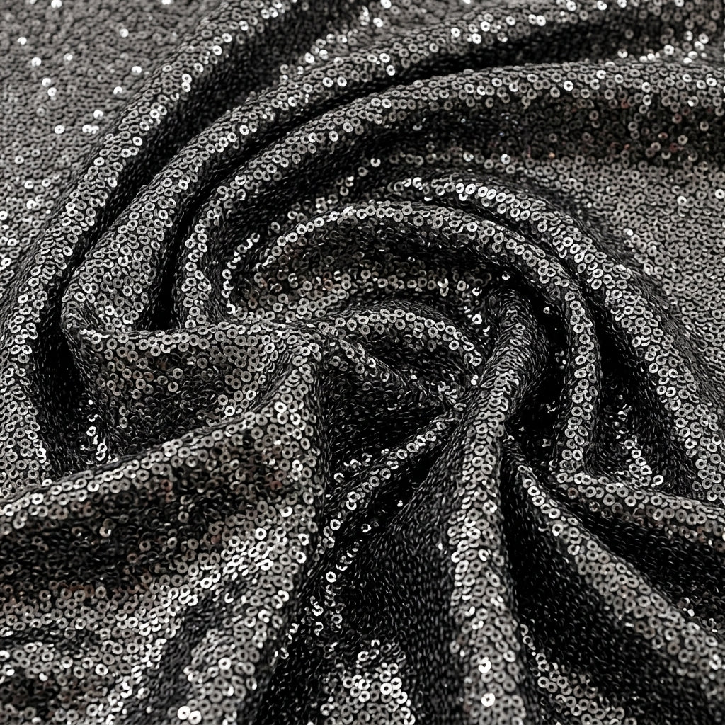 Swirled Black Embroidery Net Fabric Showing Sequins and Drape