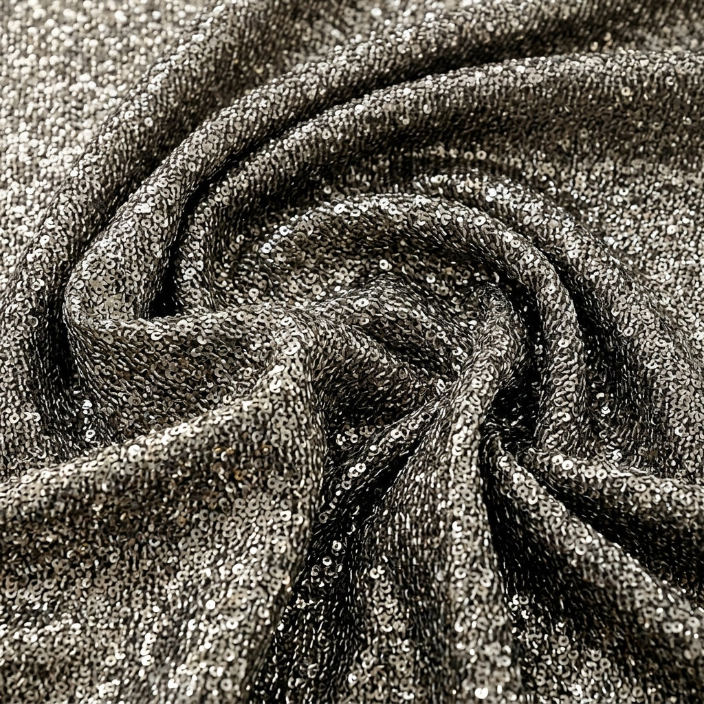Swirled Violet Embroidery Net Fabric Showing Sequins and Drape