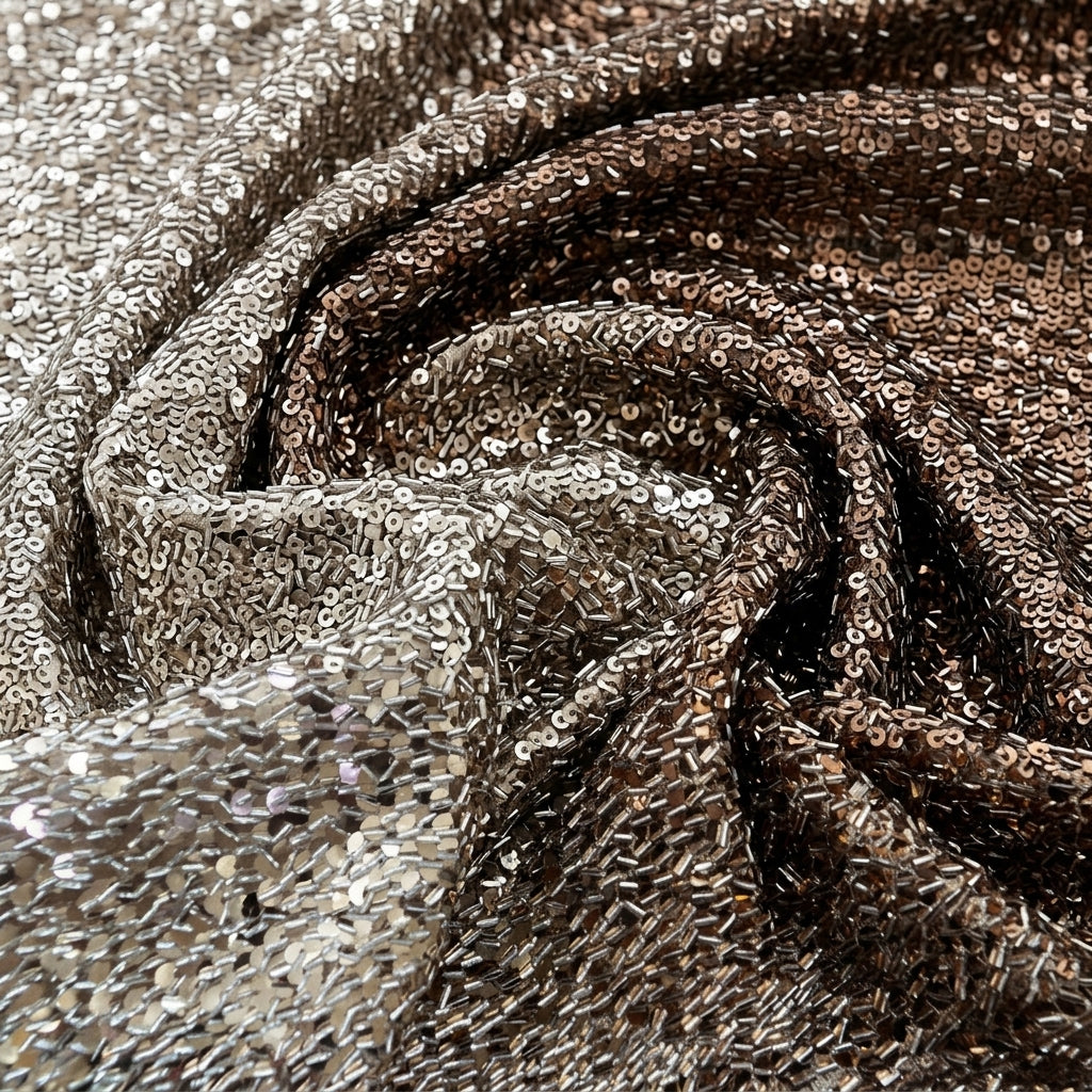 Swirled Beige Embroidery Net Fabric Showing Sequins and Drape