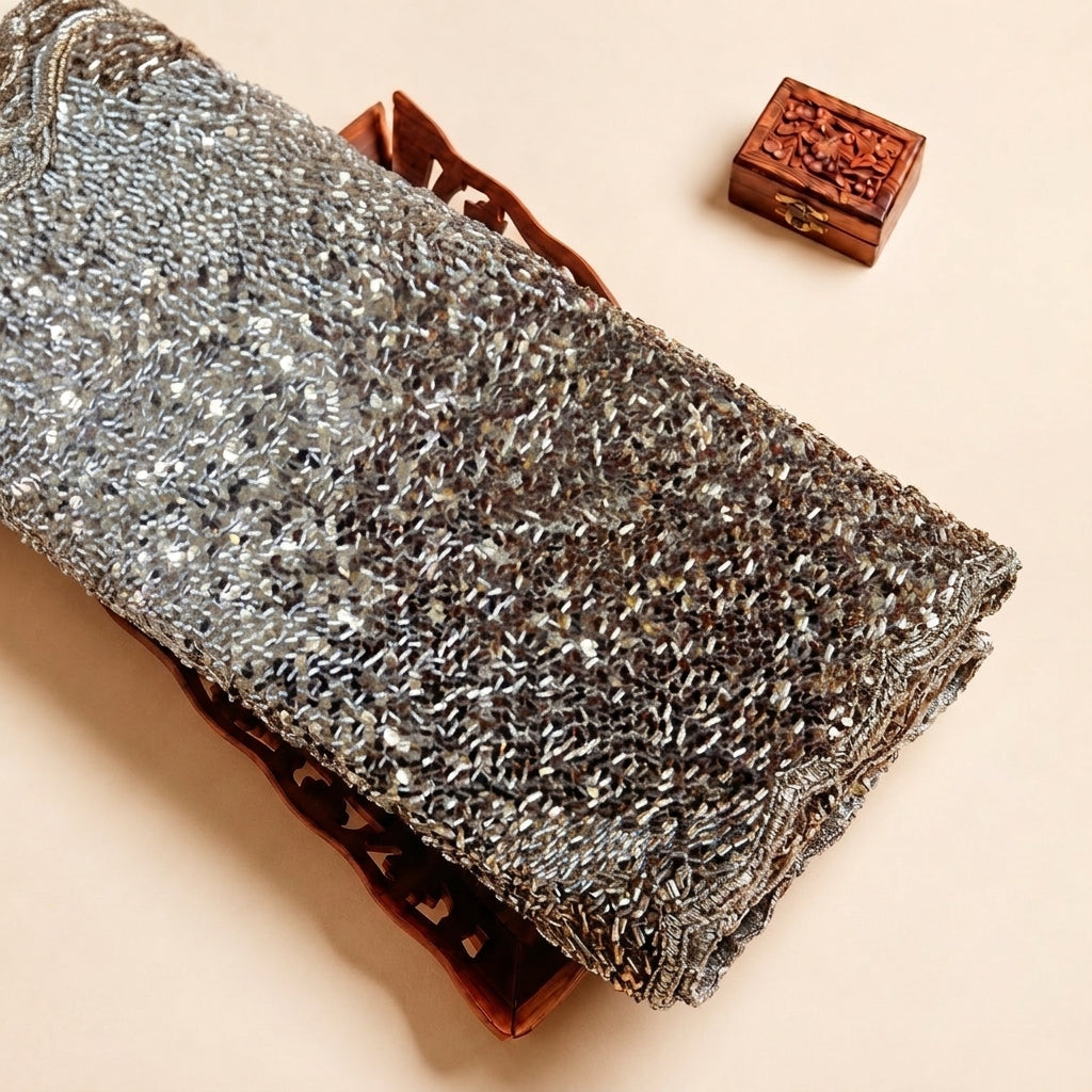 Beige Embroidery Net Fabric with Sequins