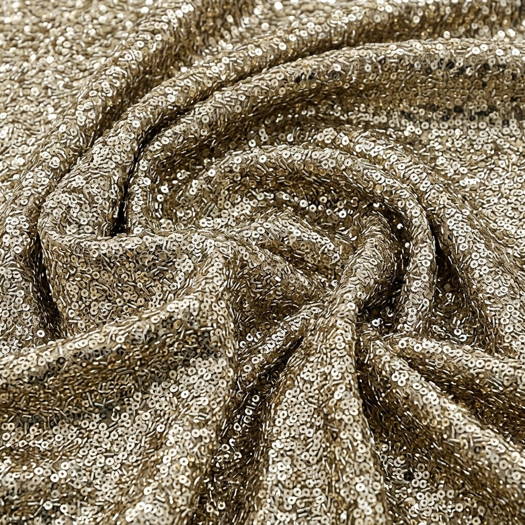 Swirled Gold Embroidery Net Fabric Showing Sequins and Drape
