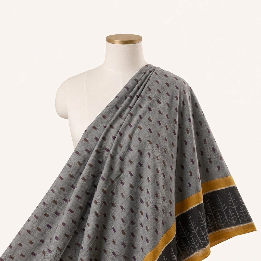Grey Ikat Cotton Fabric Draped as a saree