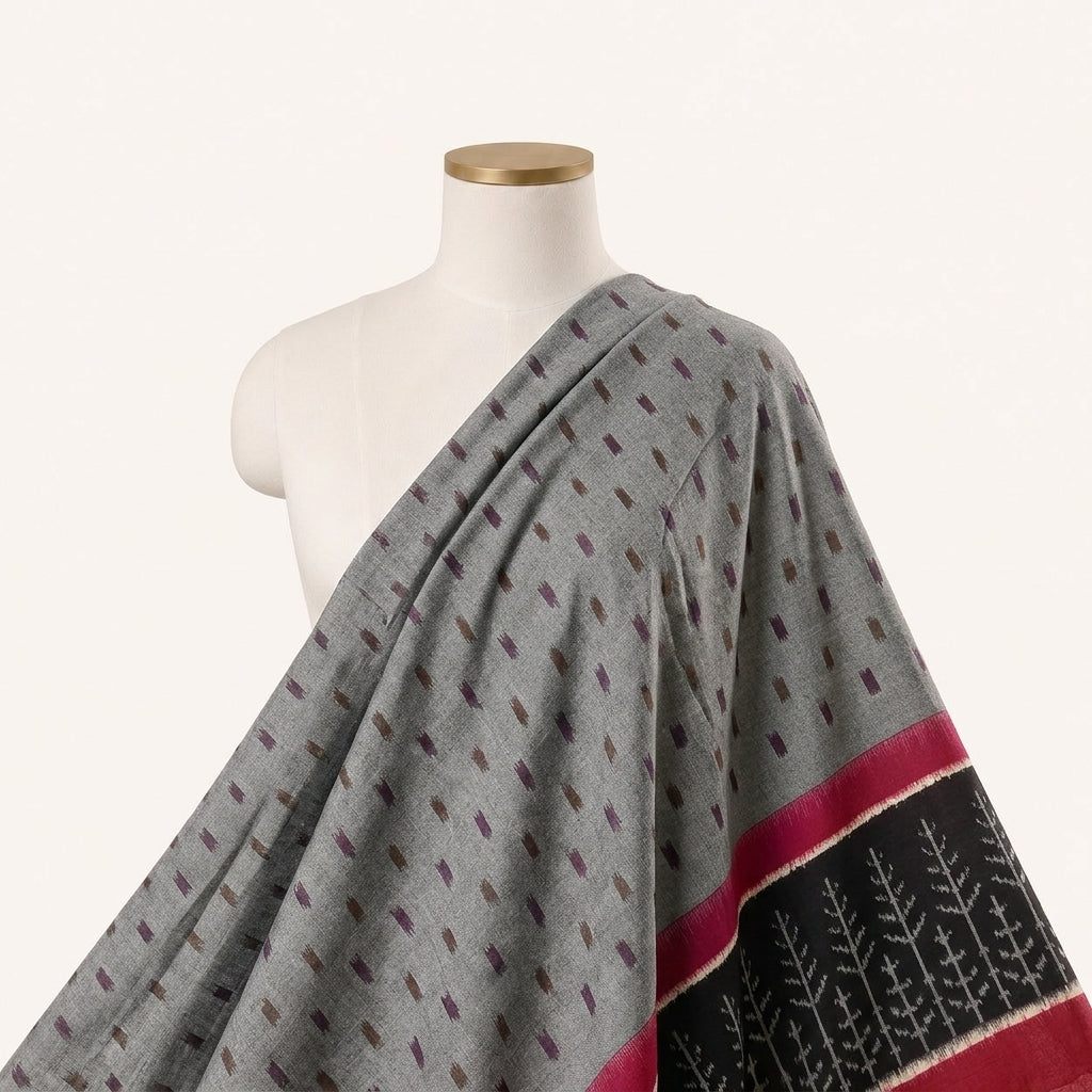 Grey Ikat Cotton Fabric Draped as a saree