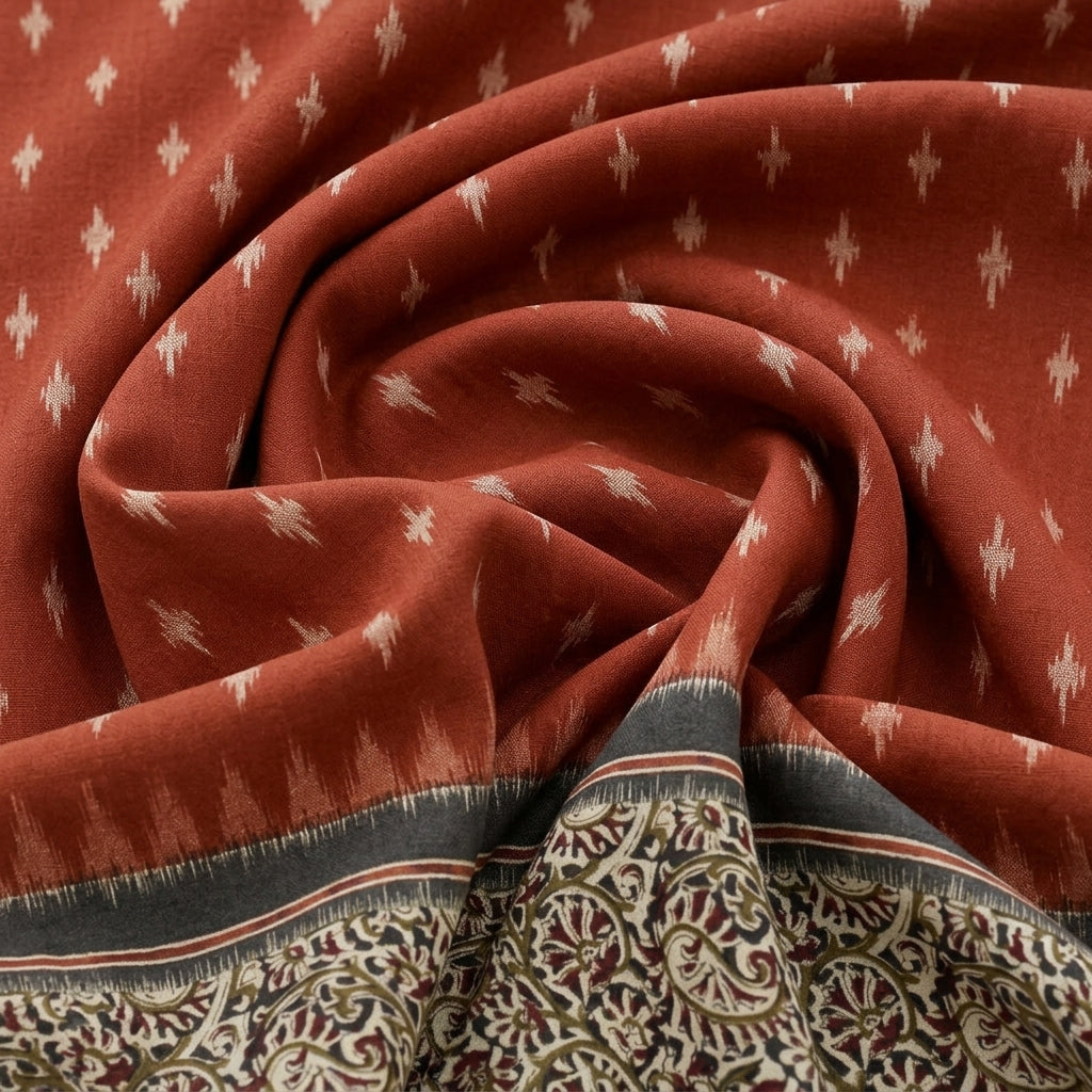 Swirled Rust Ikat Cotton Fabric Showing Border and Drape