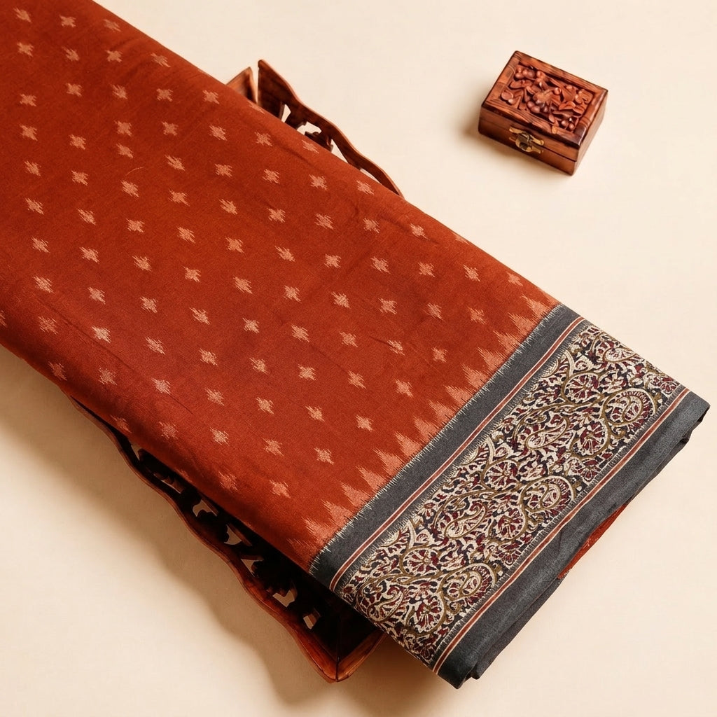 Rust Ikat Cotton Fabric, folded