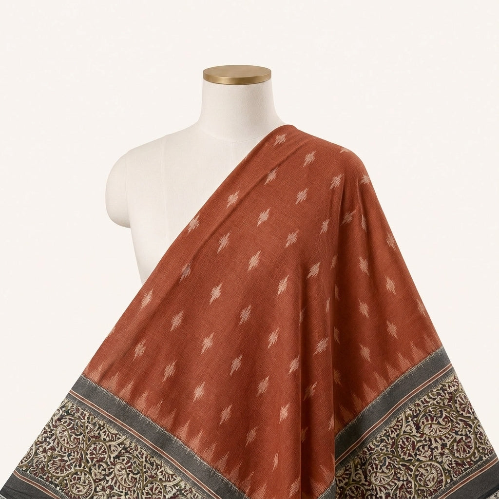 Rust Ikat Cotton Fabric Draped as a saree
