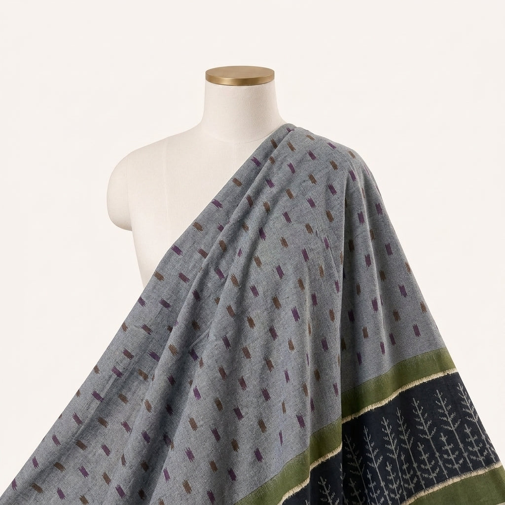Grey Ikat Cotton Fabric Draped as a saree