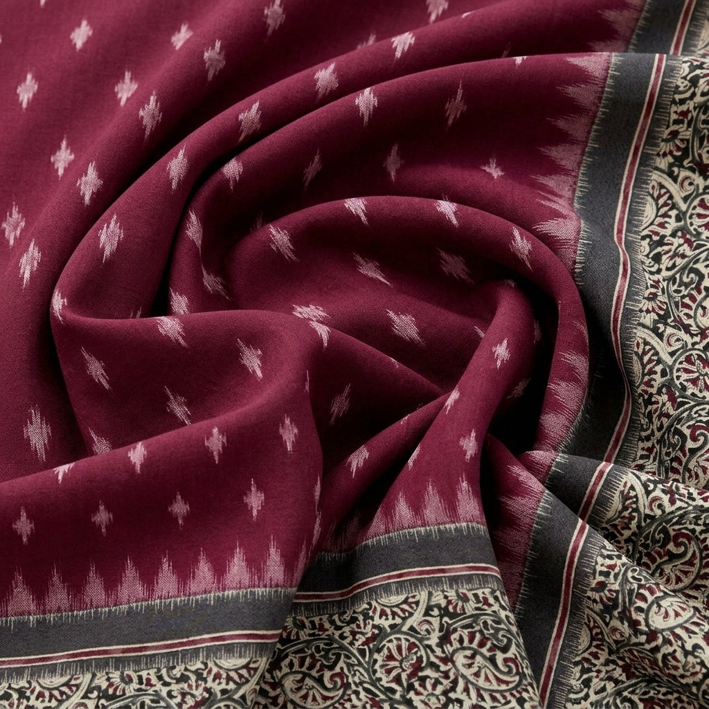 Wine Ikat Cotton Fabric, swirled to show the drape