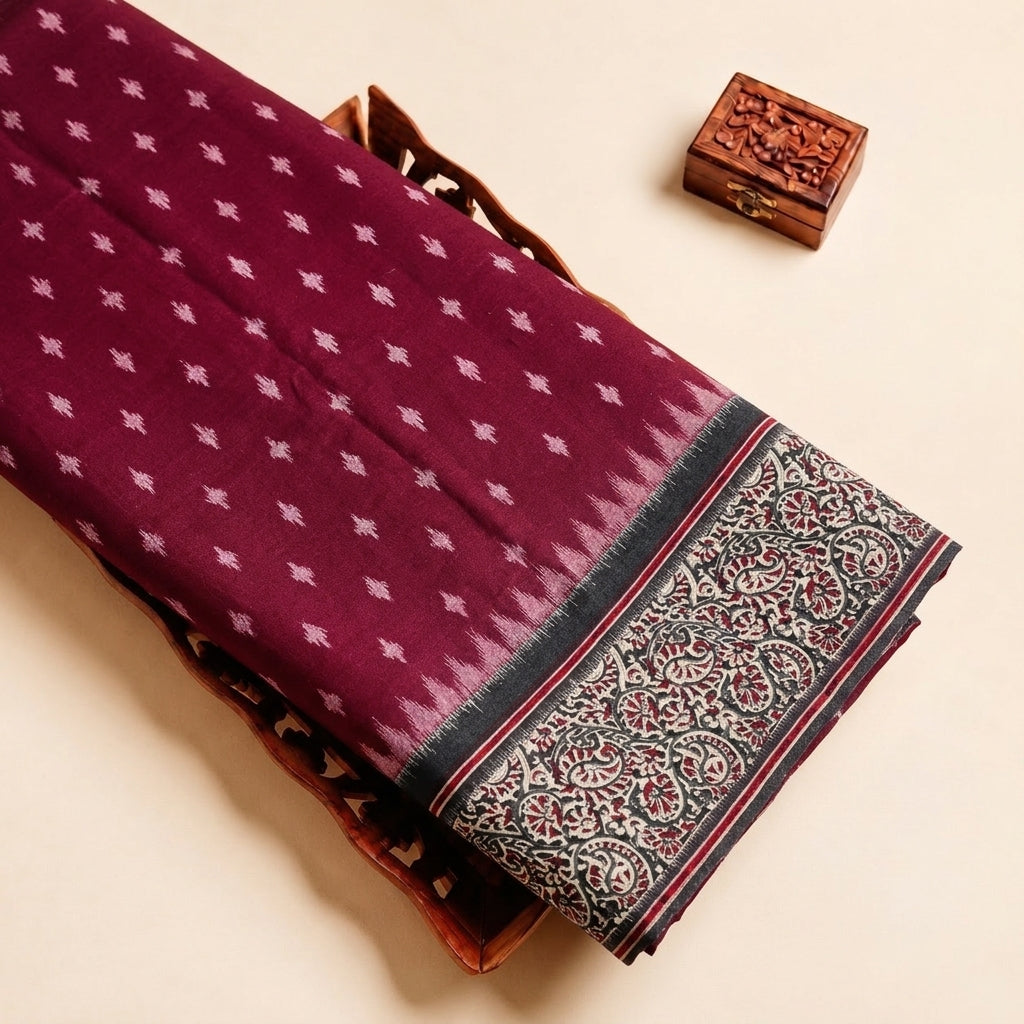 Wine Ikat Cotton Fabric, folded